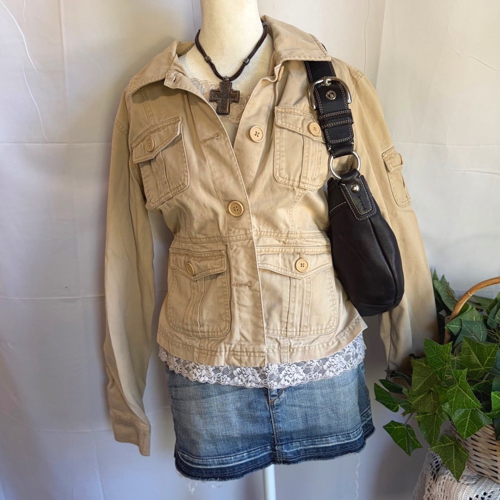 Aeropostale Y2K Preppy Tan Khaki Cotton Utility Safari Cargo Jacket Size L